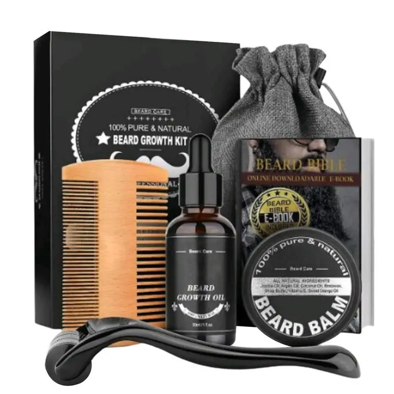 5pcs Men Beard Barba Grooming Beard Set Beard Growth oil Men Hair Enhancer Thicker Mustache Grooming Beard Care Oil comb bag 1